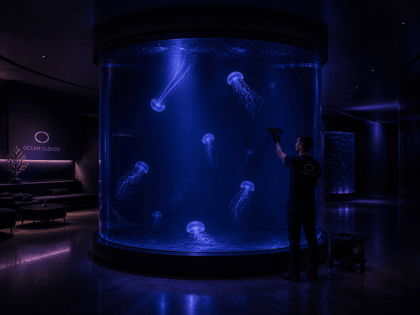 Technician servicing a large jellyfish aquarium